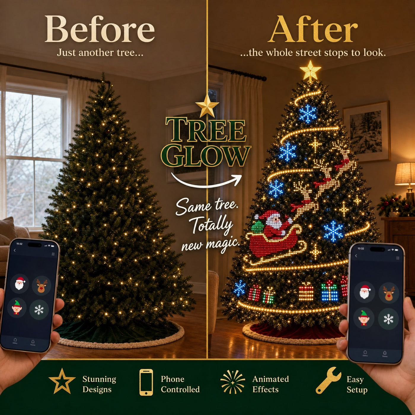 Before and after: a plain tree next to the same tree glowing with Santa's sleigh