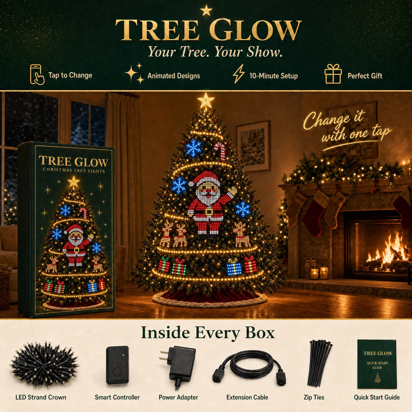 Tree Glow lights showing a Santa design, the box, the app and everything in the box