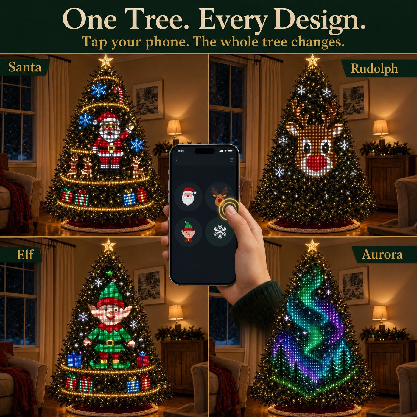 The same tree showing Santa, Rudolph, Elf and Aurora designs